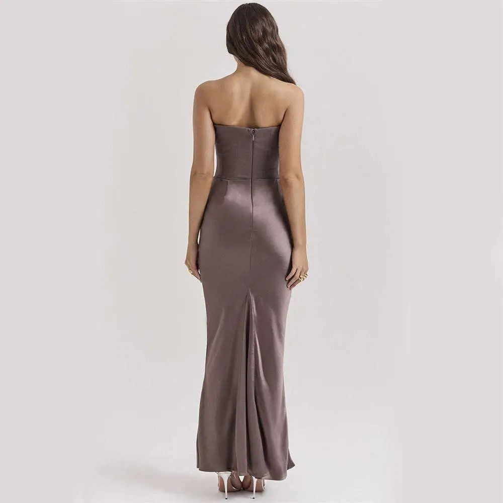 A sleek muted mauve satin long dress with fitted bodice and subtle slit at the back fashion bandeau mermaid gown