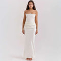 A sleek off-white satin long dress with a fitted bodice and fashion bandeau mermaid silhouette