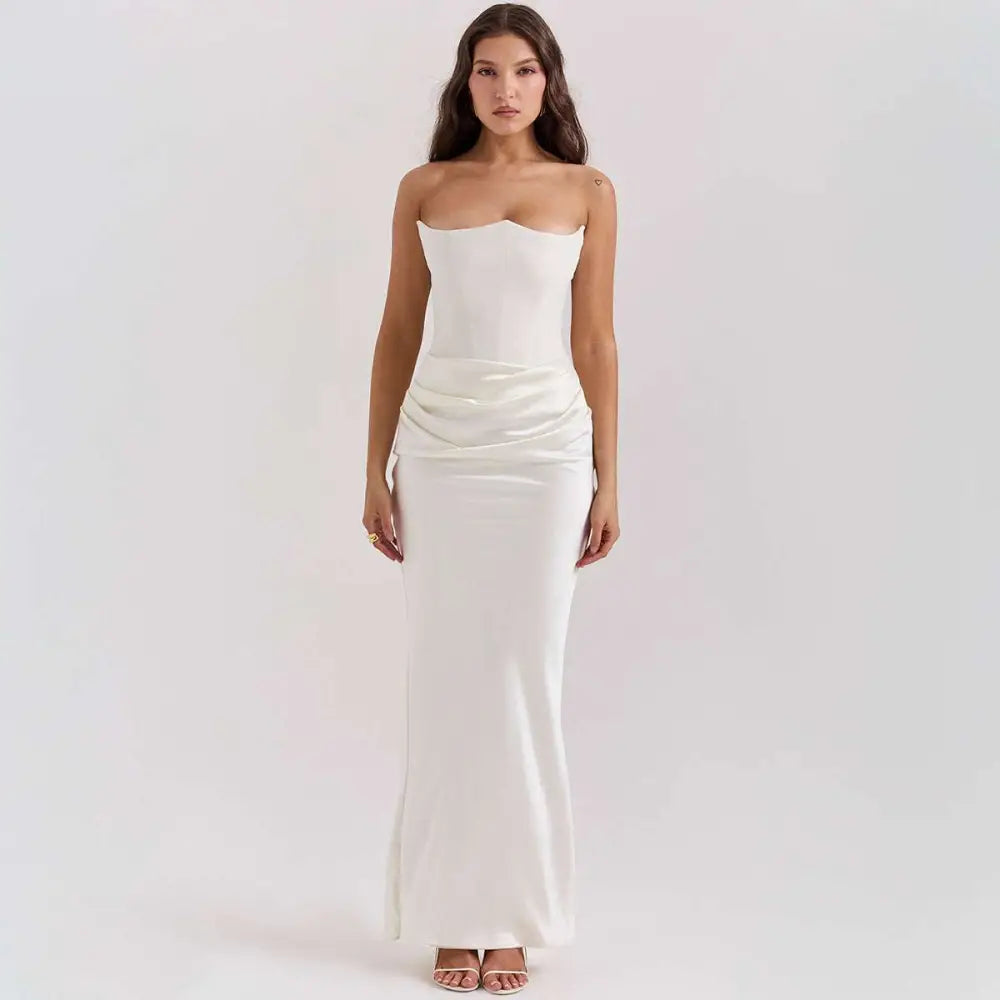 A sleek off-white satin long dress with a fitted bodice and fashion bandeau mermaid silhouette