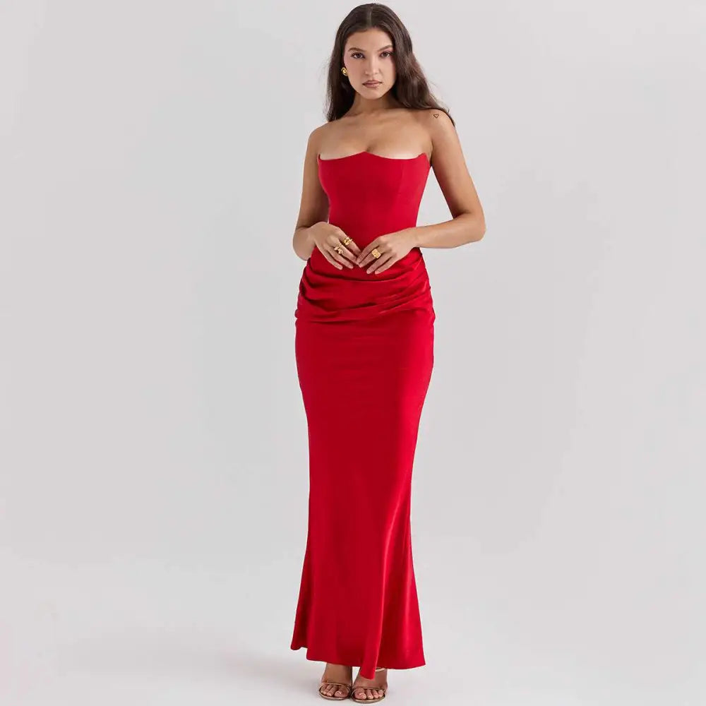 A vibrant red satin long dress featuring a fitted bodice and fashion bandeau mermaid silhouette