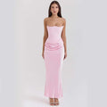 A sleek pink satin long dress with a fitted bodice and draped waistline fashion bandeau mermaid gown