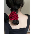 A vibrant red satin rose hair band designed for bun ponytail advanced sense styling accessories