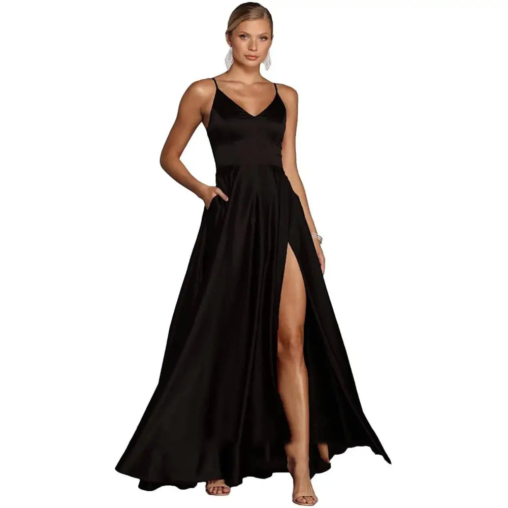A flowing red satin temperament long dress with v-neckline and high slit designed for elegant evening wear