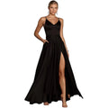Elegant black satin temperament long dress with v-neckline and high slit for versatile casual temperament looks