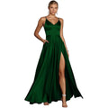 A sleek emerald green satin temperament long dress with v-neckline and high slit for versatile casual wear