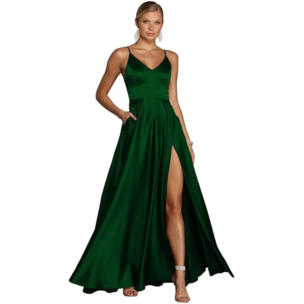 A sleek emerald green satin temperament long dress with v-neckline and high slit for versatile casual wear