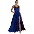 A flowing royal blue satin temperament long dress with v-neckline and high slit for versatile casual temperament wear
