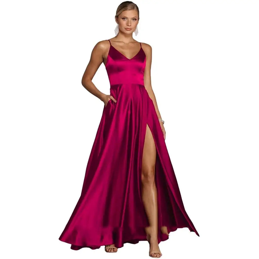 A flowing fuchsia red satin temperament long dress with v-neckline and high slit in versatile casual temperament style