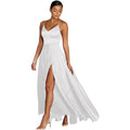 A flowing white satin temperament long dress with v-neckline and high slit for versatile casual temperament wear