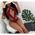 Red sexy halter one piece swimsuit with crisscross design and cut out details for stylish swimwear look