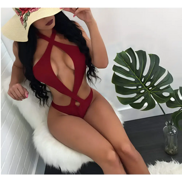Red sexy halter one-piece swimsuit featuring a halter cross design with crisscross and cut-out details