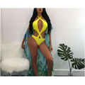 Bright yellow one-piece swimsuit with halter neck and crisscross cutout design featuring sexy halter cross style