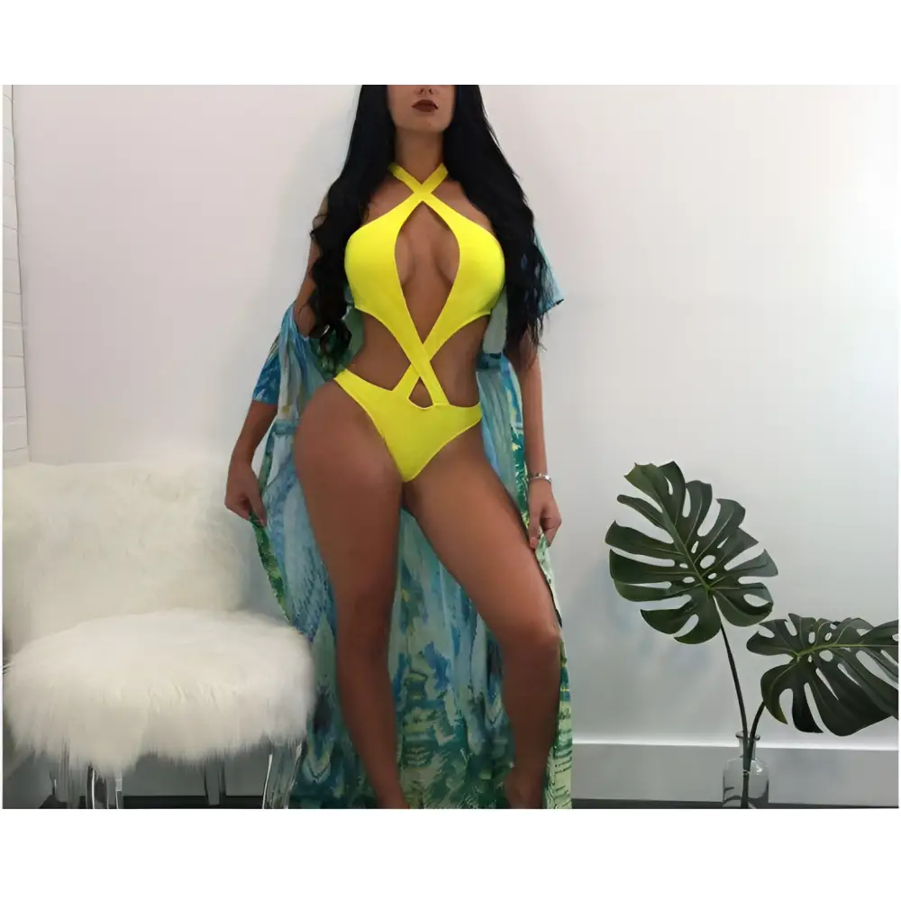 Bright yellow one-piece swimsuit with halter neck and crisscross cutout design featuring sexy halter cross style