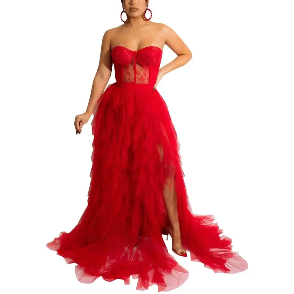 A vibrant red sexy tulle dress with lace mesh bodice and layered tulle skirt ideal for maxi party wear