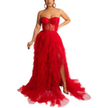 A vibrant red sexy tulle dress with a lace mesh bodice and layered tulle skirt for maxi party wear