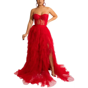 A vibrant red sexy tulle dress with a lace mesh bodice and layered tulle skirt for maxi party wear