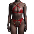 Red spiked leather harness set with gold-tone buckles for stage costumes performance accessories