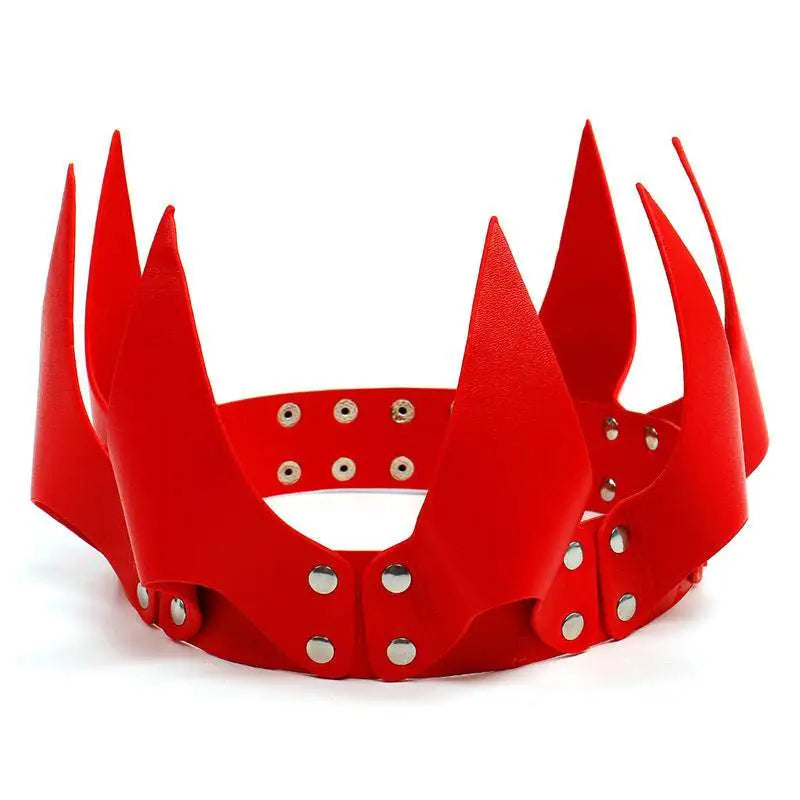 Red spiked leather crown with silver studs designed for stage costumes performance accessories