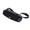 Black wireless bluetooth speaker with textured fabric strap and glossy ends for portable bluetooth audio use