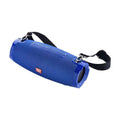 Blue fabric-wrapped wireless bluetooth speaker with textured fabric strap black adjustable strap and silver hardware