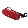 Red textured fabric strap wireless bluetooth speaker with black adjustable strap and silver hardware for bluetooth audio