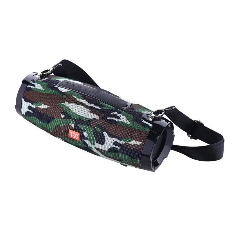 Camouflage wireless bluetooth speaker with textured fabric strap, black accents, and portable shoulder strap for bluetooth audio
