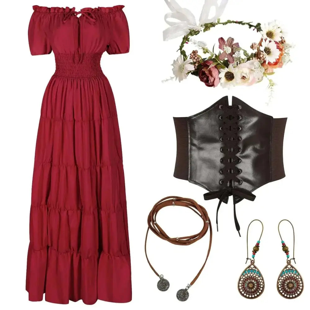 A deep red off-the-shoulder tiered renaissance medieval costume fairy dress with smocked waist and ruffled layers