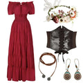 A deep red off the shoulder tiered renaissance medieval costume fairy dress with smocked waist and ruffled layers