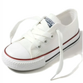 White canvas low-top sneaker with red and black rubber stripes, classic converse-style design for red toddler casual shoes student clothing