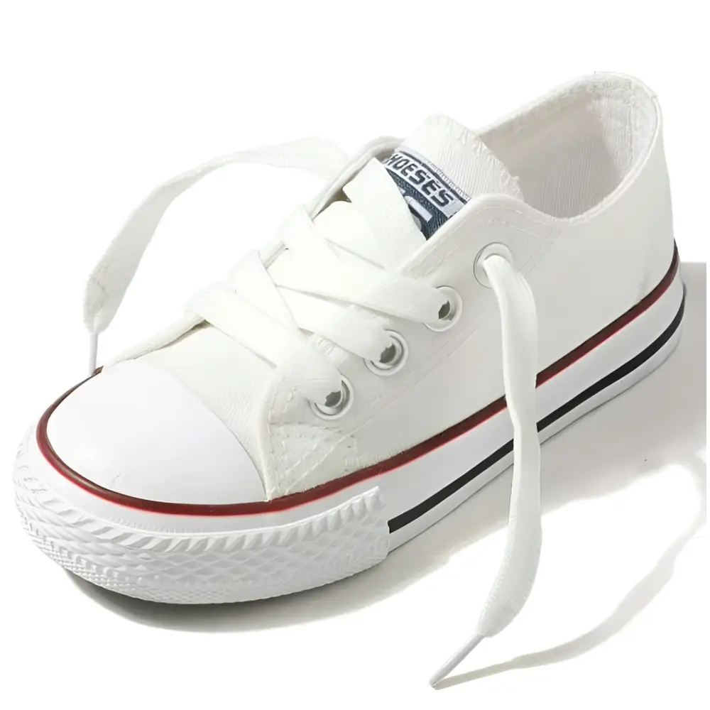White canvas low-top sneaker with red and black rubber stripes, classic converse-style design for red toddler casual shoes student clothing