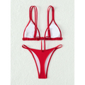 Red and white triangle cup halter bikini set with thin straps and ruffled edge features a stylish halter bikini design