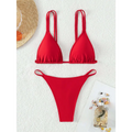 Vibrant red triangle cup halter bikini set with thin straps and high-cut bottom featuring halter bikini design
