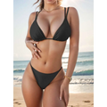 Black triangle cup halter bikini top with thin straps and ruched design in a stylish halter bikini design