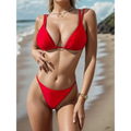 Red triangle cup halter bikini swimsuit with thin straps and high-cut bottom in a halter bikini design