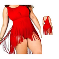 Red triangle slimming plus size fringe swimsuit with a sleeveless fitted bodice and flowing tassels along the hem