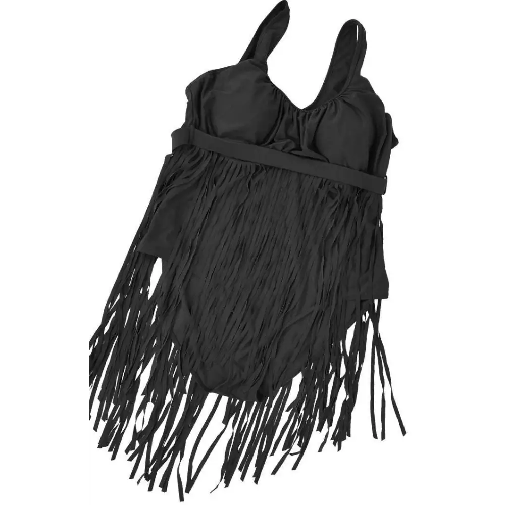 Red triangle slimming plus size fringe swimsuit with a red sleeveless fitted bodice and flowing tassels along the hem