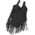 Black plus size fringe one-piece swimsuit with fitted bodice triangle slimming plus design and adjustable halter waistband