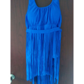 A vibrant royal blue red triangle slimming plus sleeveless dress with a fitted bodice and plus size fringe detail