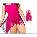 A vibrant fuchsia plus size fringe swimsuit with a fitted bodice and triangle slimming plus design tassels