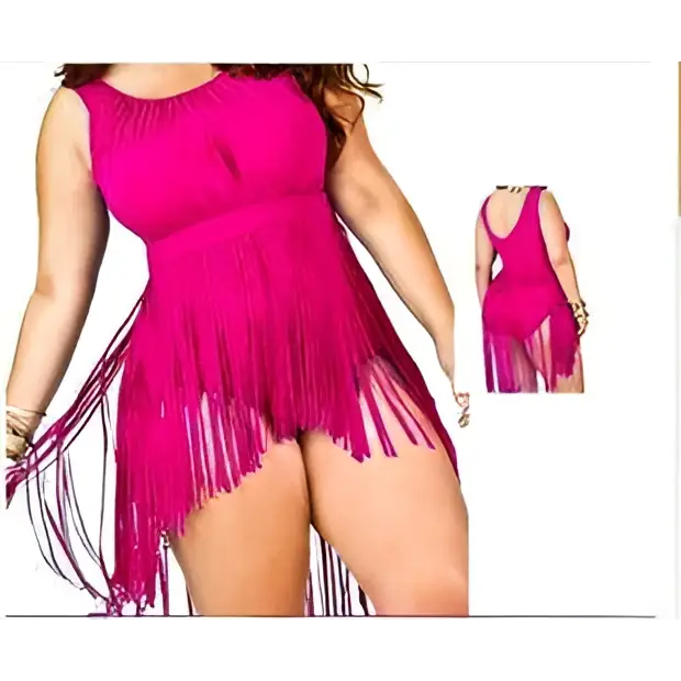 A vibrant fuchsia plus size fringe swimsuit with a fitted bodice and triangle slimming plus design tassels