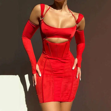 Red two piece sling tight dress fashion mesh set with long sleeves and corset-style waist in form-fitting design