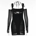 Black mesh long-sleeved sling tight dress with square neckline and dress fashion backless cut-out in red two piece set