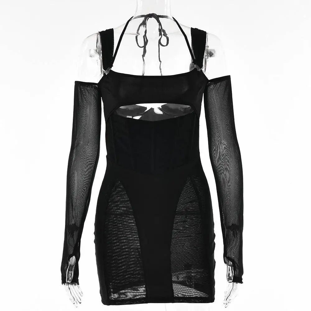 Black mesh long-sleeved sling tight dress with square neckline and dress fashion backless cut-out in red two piece set