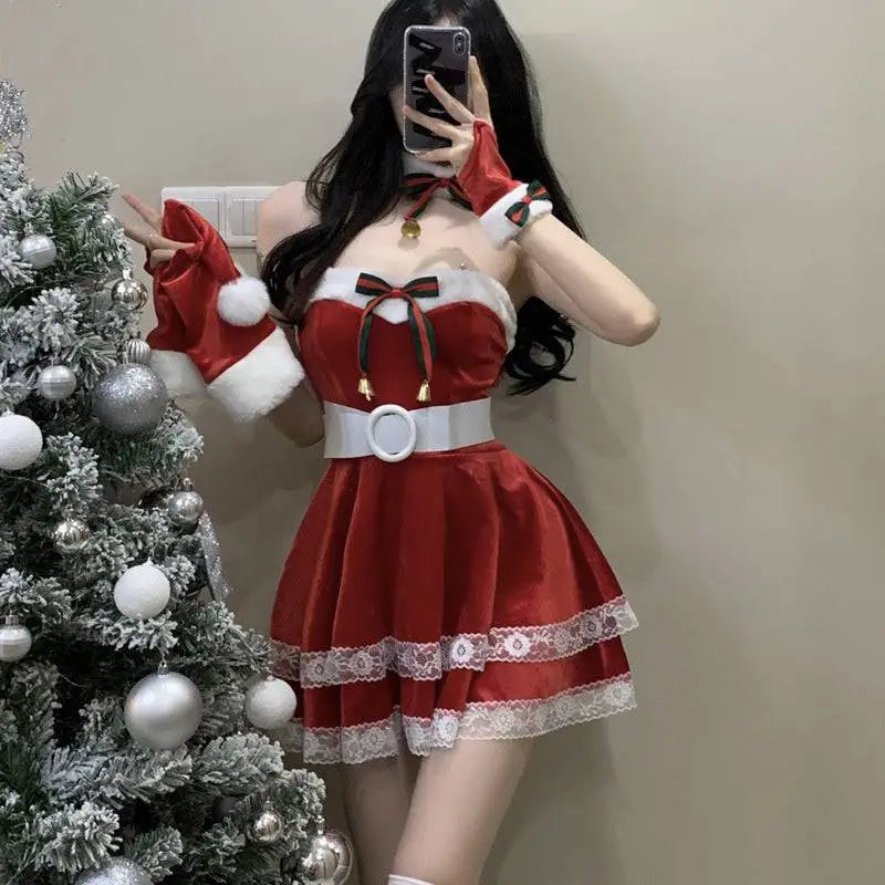 Red velvet christmas dress stage anchor costume with white lace trim, matching belt, and coordinating gloves