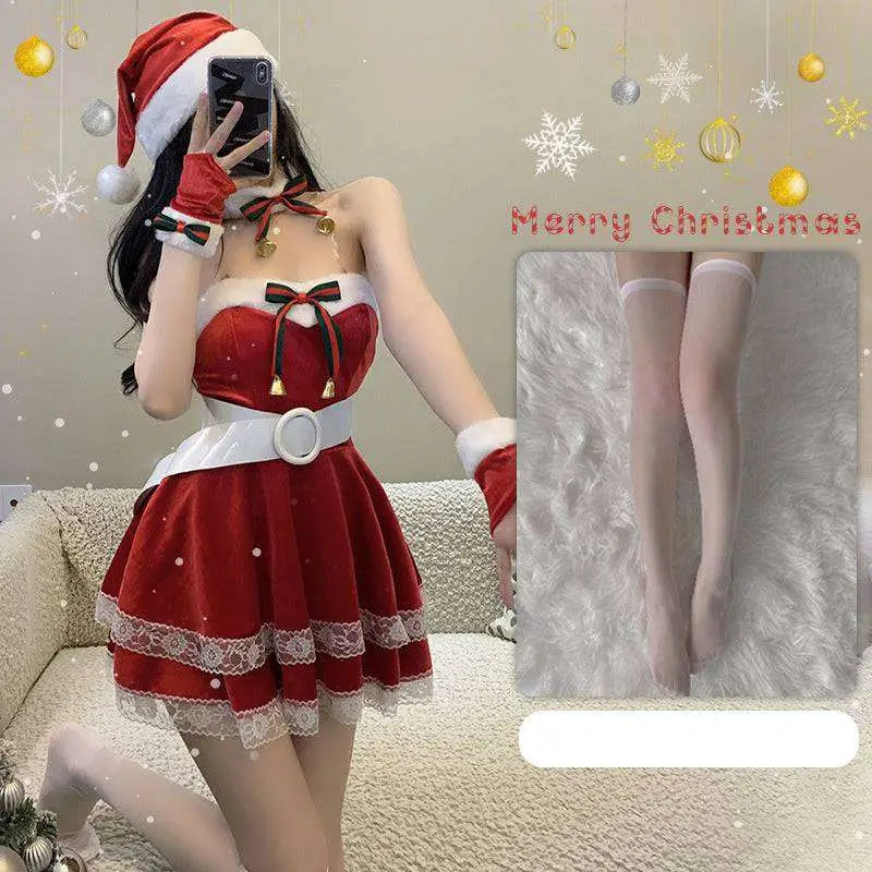 Red velvet christmas dress stage anchor costume with white lace trim and black ribbon bow at the neckline