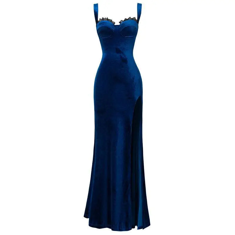 A deep blue velvet lace wrap hip evening dress with thin straps and black lace trim at the bust