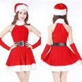 Red velvet santa claus costume dress with white fur trim and matching hat for nightclub stage halloween performance
