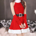 Red velvet santa claus costume with white fur trim black belt and matching gloves for nightclub stage halloween use