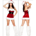 Red velvet santa nightclub lead dance dress with white fur trim and black corset belt in velvet material