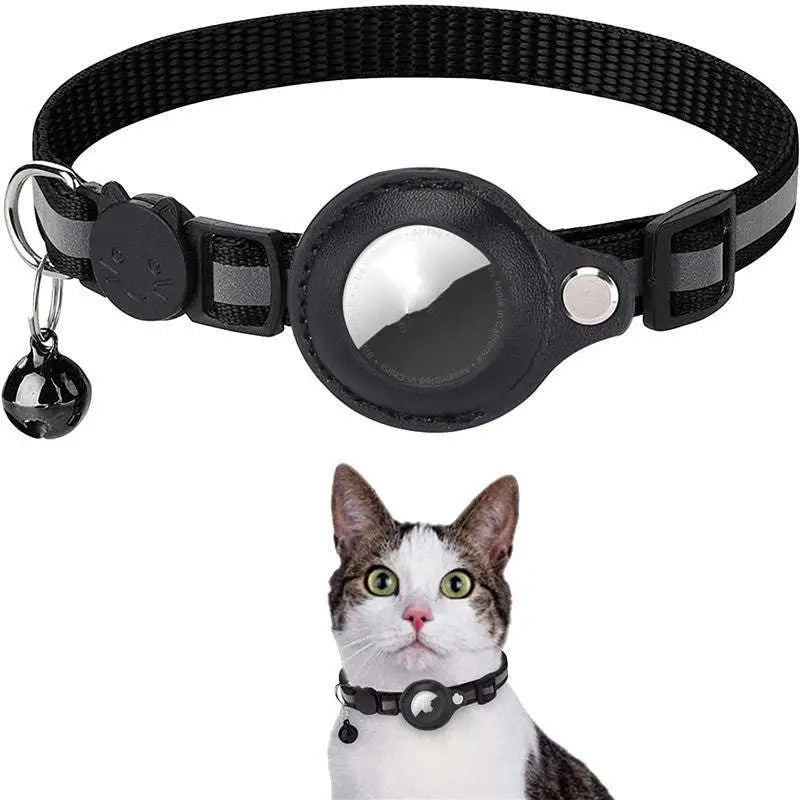Black woven reflective collar waterproof holder case with leather-like airtag pouch, cat charm, bell, and black plastic buckle